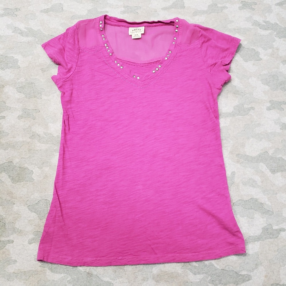 Ariat Top Womens Medium Pink V-Neck Short Sleeve